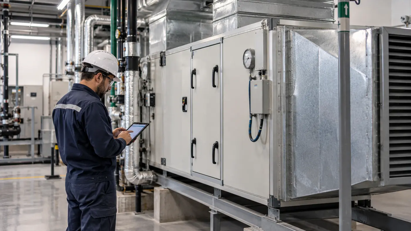 Técnico inspecionando central de climatização durante execução de PMOC