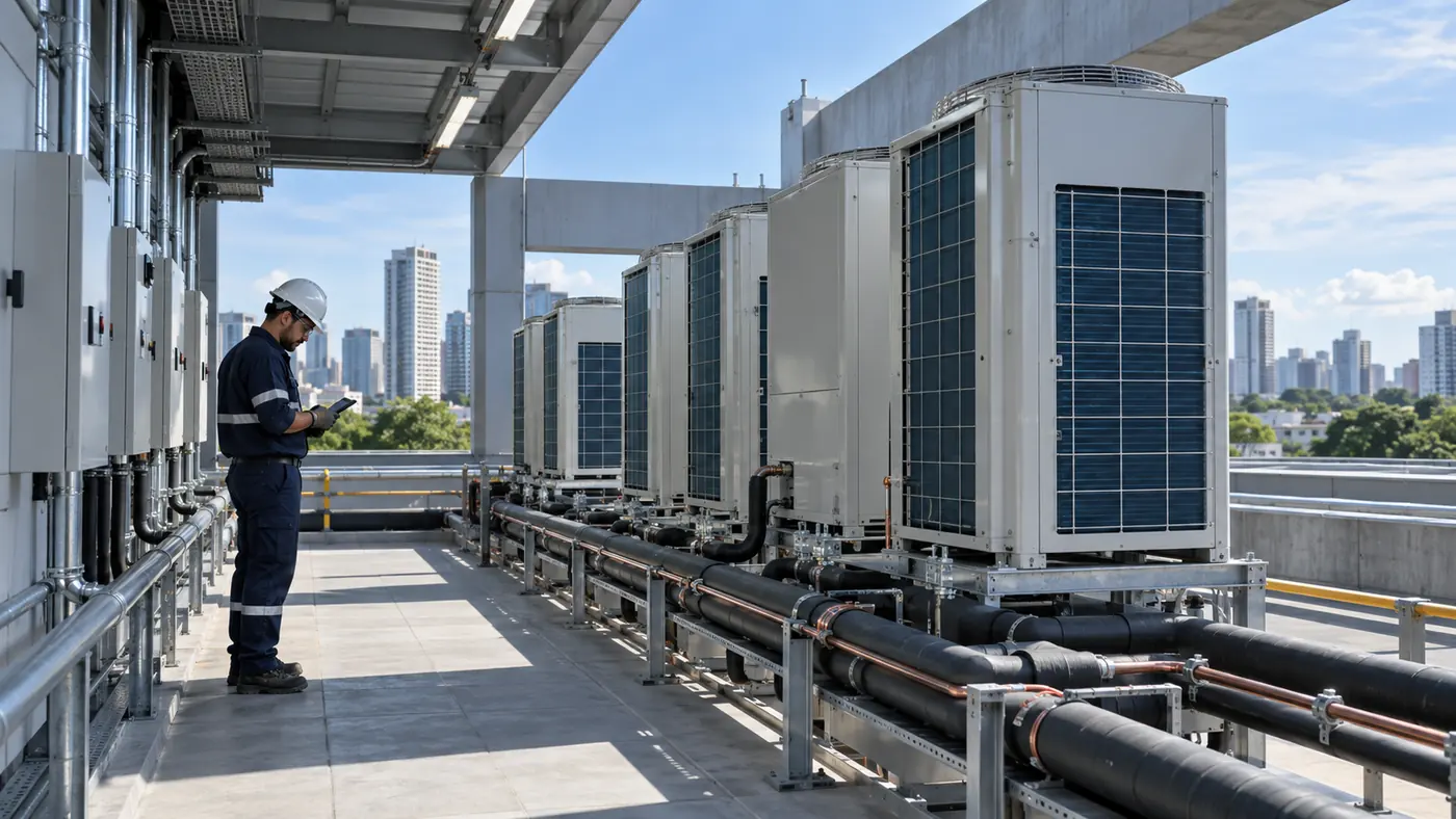 Sistema VRF com múltiplas condensadoras instalado em edifício comercial